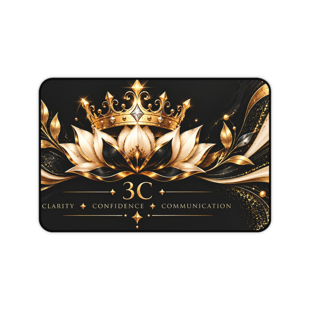 3C Luxury Desk Mat – Black & Gold Crown and Lotus | Inspirational Office Desk Pad