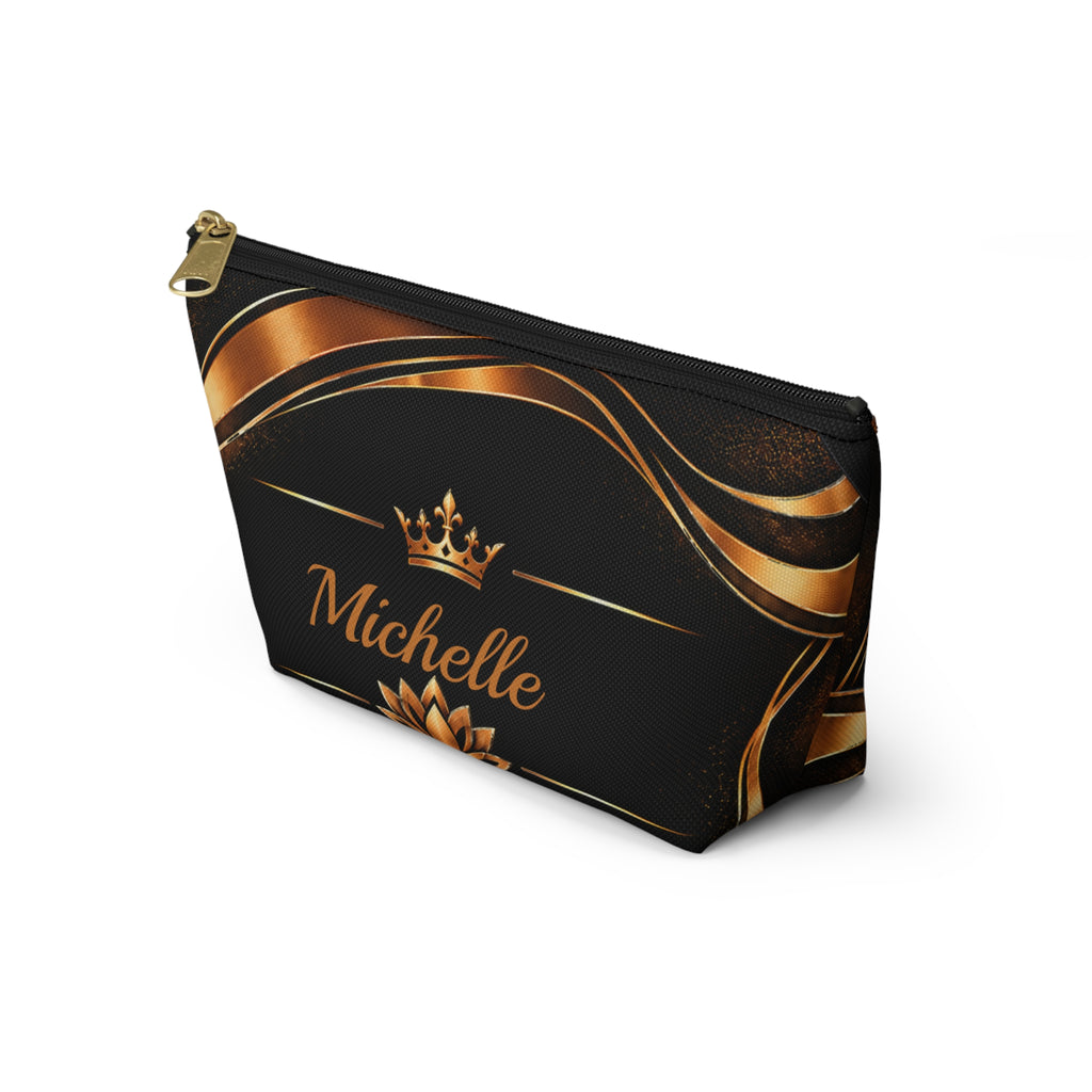 Personalized Makeup Bag with Name | Black & Gold Crown and Lotus Pouch – Kiini Essence