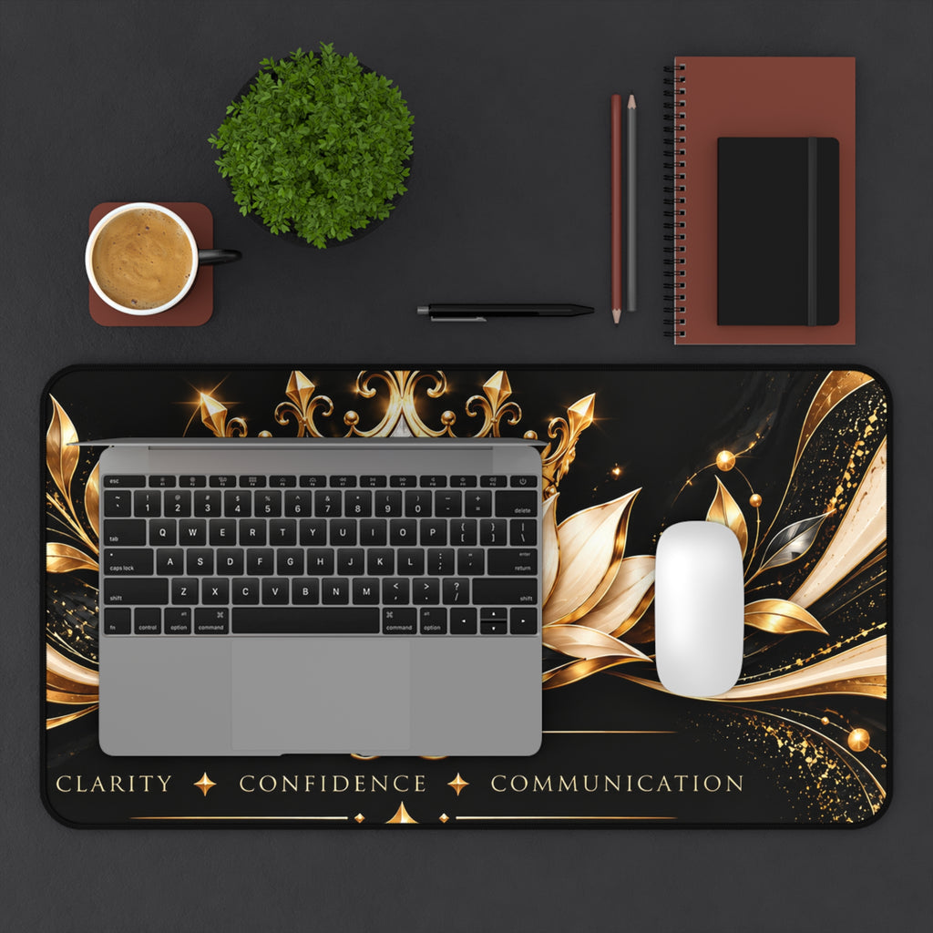 3C Luxury Desk Mat – Black & Gold Crown and Lotus | Inspirational Office Desk Pad