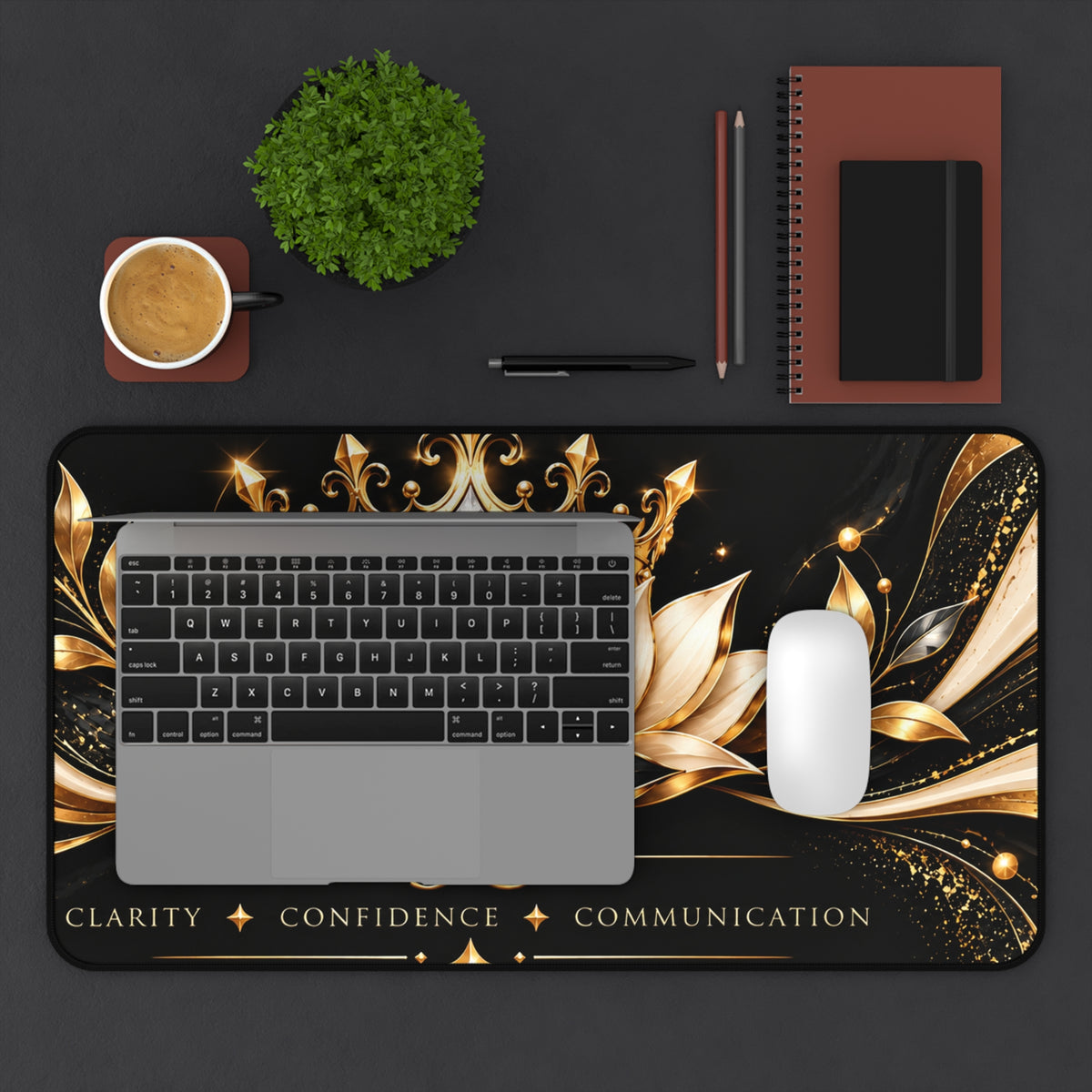 3C Luxury Desk Mat – Black & Gold Crown and Lotus | Inspirational Office Desk Pad