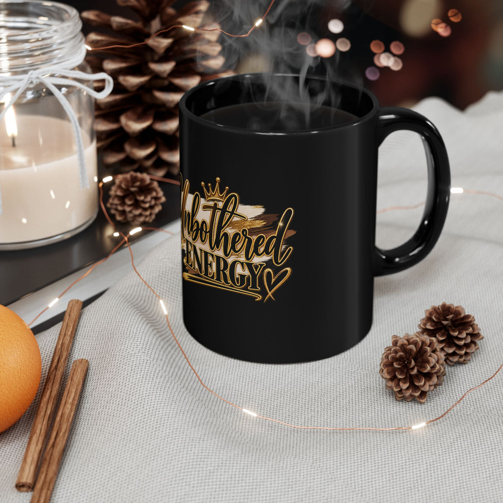 Motivational Coffee Mug – Unbothered Energy Black Ceramic Cup (11oz & 15oz)