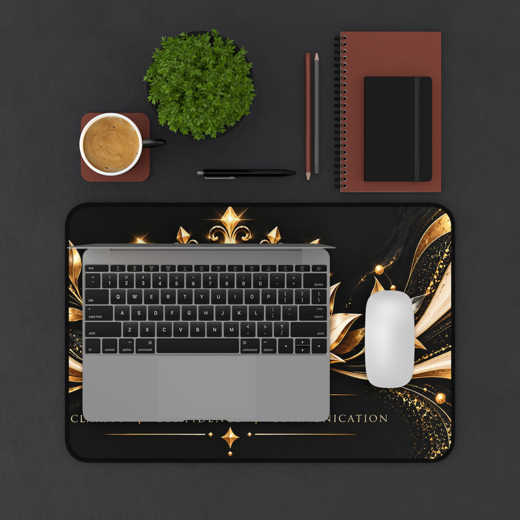 3C Luxury Desk Mat – Black & Gold Crown and Lotus | Inspirational Office Desk Pad