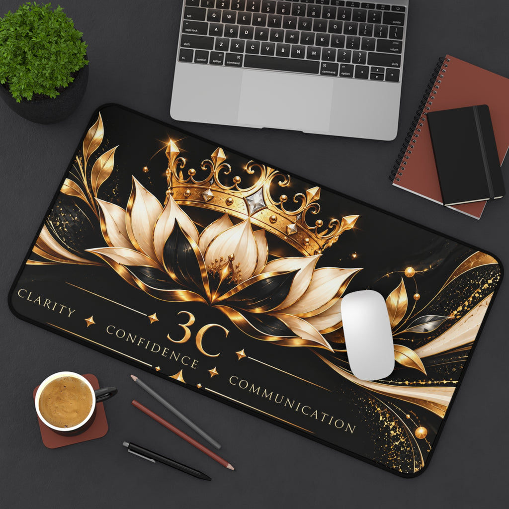 3C Luxury Desk Mat – Black & Gold Crown and Lotus | Inspirational Office Desk Pad