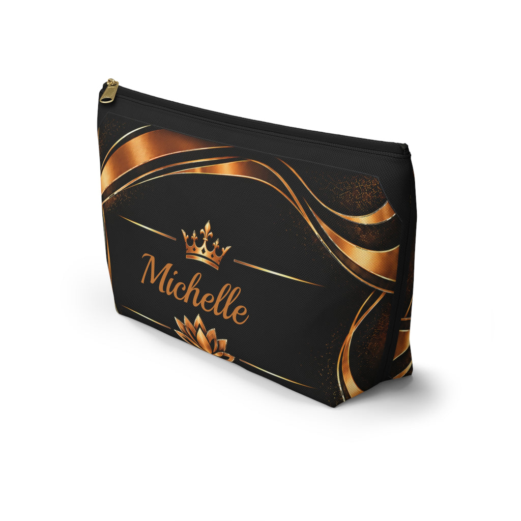Personalized Makeup Bag with Name | Black & Gold Crown and Lotus Pouch – Kiini Essence