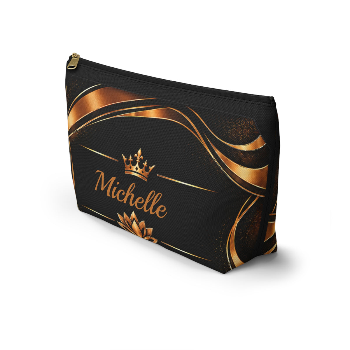 Personalized Makeup Bag with Name | Black & Gold Crown and Lotus Pouch – Kiini Essence