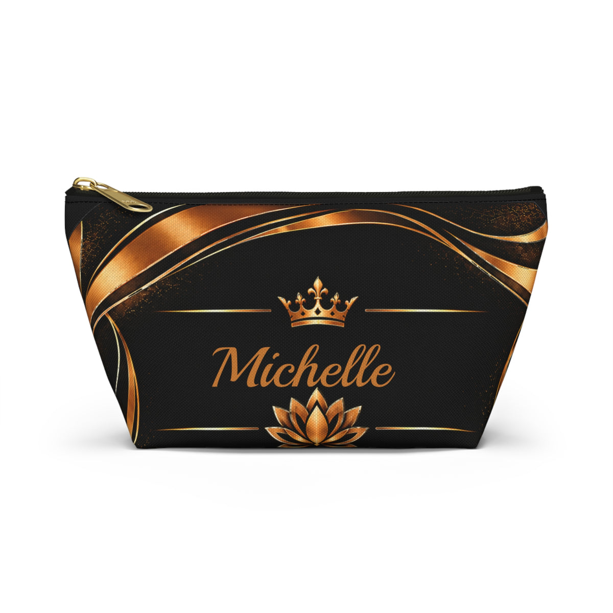 Personalized Makeup Bag with Name | Black & Gold Crown and Lotus Pouch – Kiini Essence
