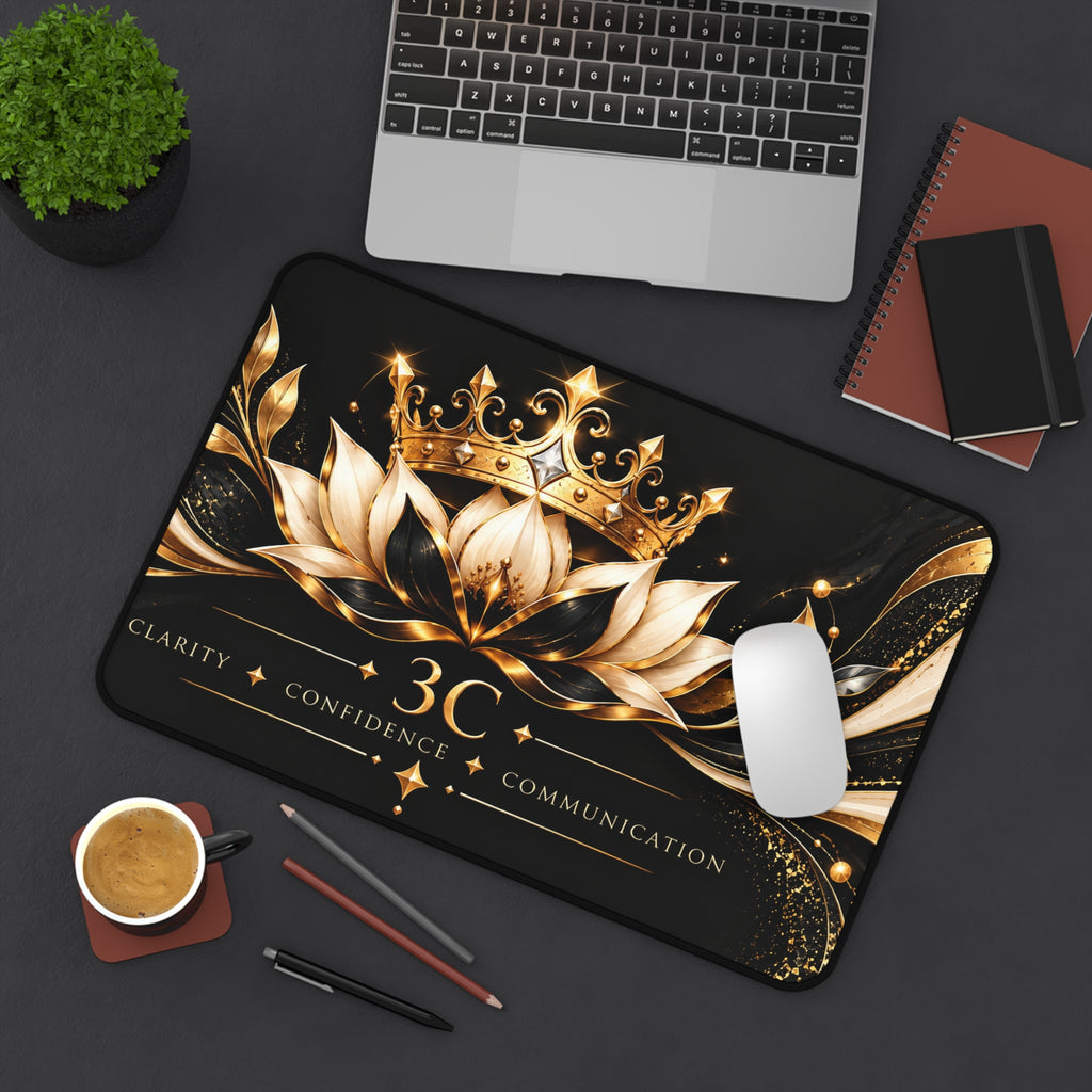3C Luxury Desk Mat – Black & Gold Crown and Lotus | Inspirational Office Desk Pad