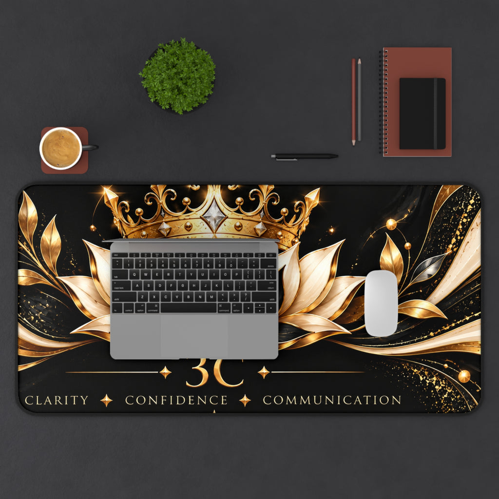 3C Luxury Desk Mat – Black & Gold Crown and Lotus | Inspirational Office Desk Pad