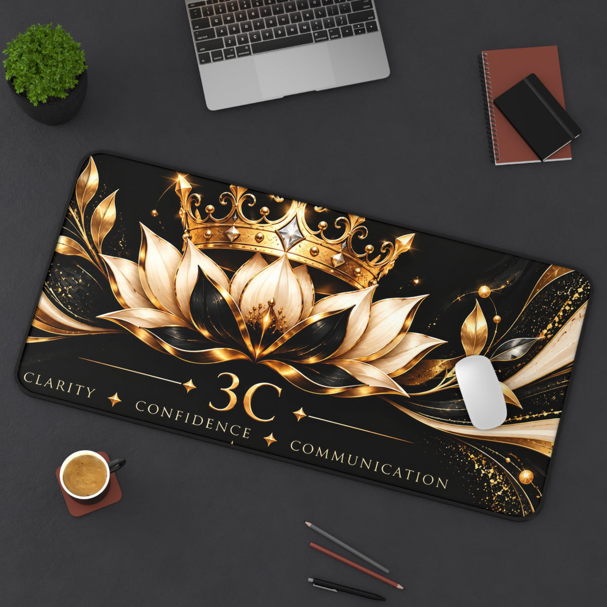 3C Luxury Desk Mat – Black & Gold Crown and Lotus | Inspirational Office Desk Pad