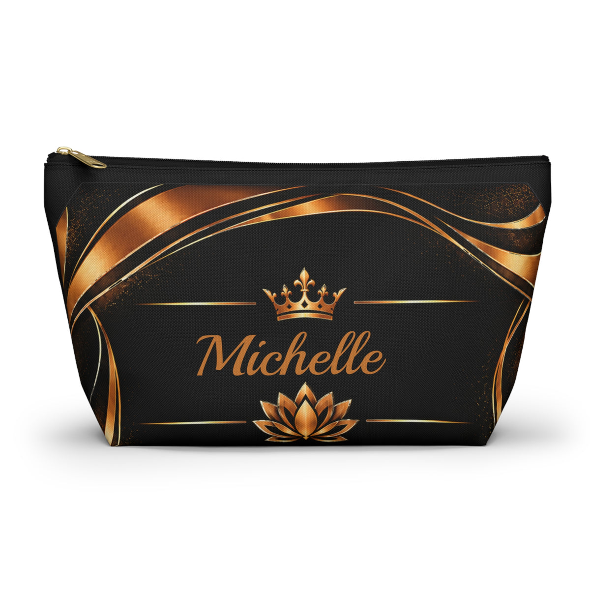 Personalized Makeup Bag with Name | Black & Gold Crown and Lotus Pouch – Kiini Essence