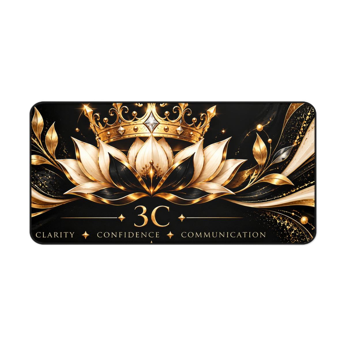 3C Luxury Desk Mat – Black & Gold Crown and Lotus | Inspirational Office Desk Pad